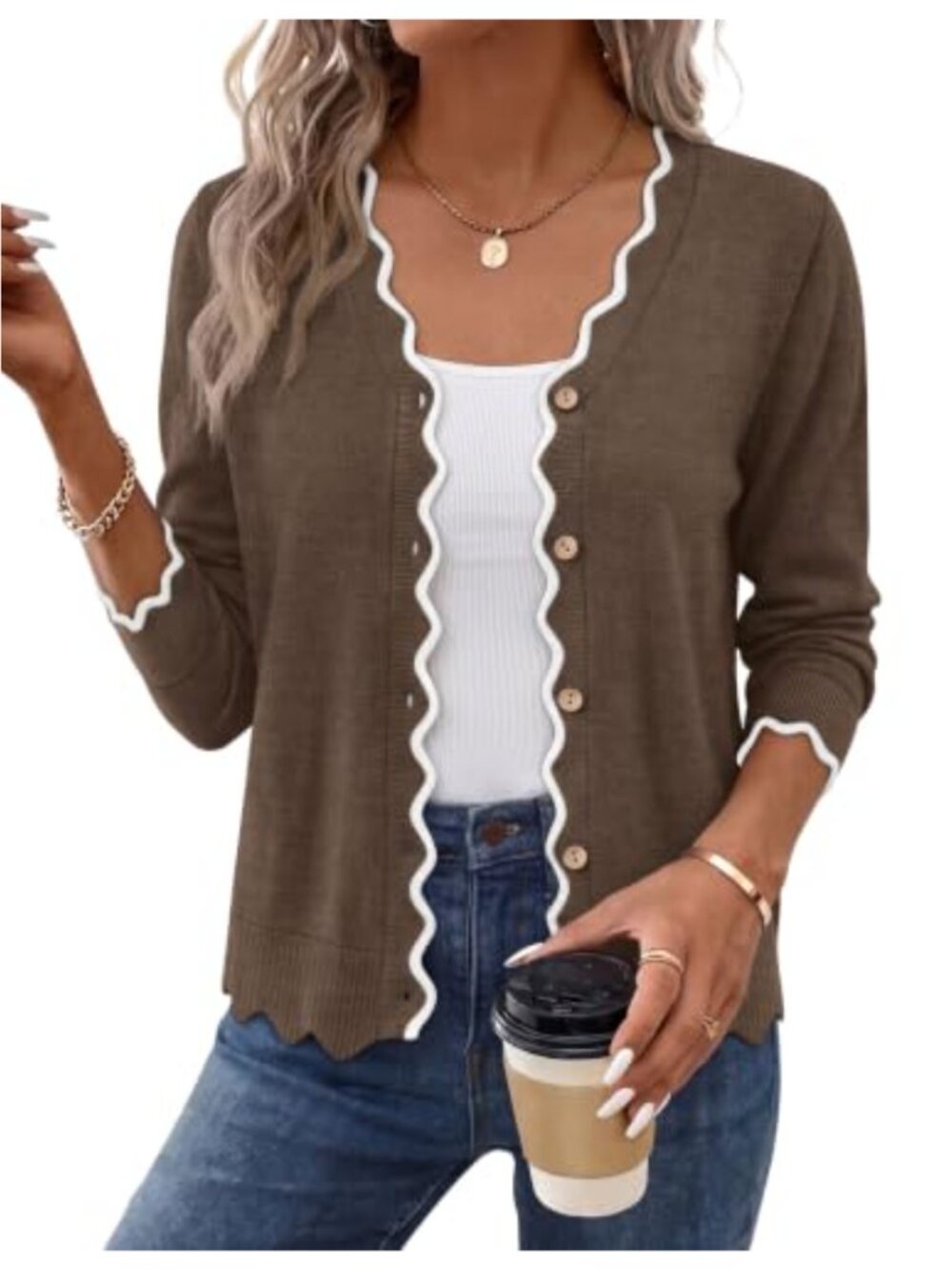Women's Scalloped Trim Button Down Cardigan Sweater V-Neck